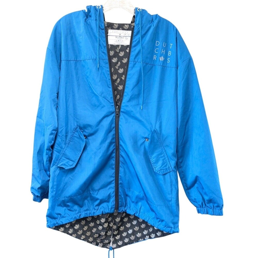 Dutch Bros Coffee Windbreaker Jacket Size S Blue Hooded Full Zip Rain Coat